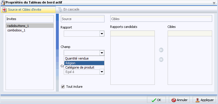 Menu de Champ Propriétés de Tableau de bord actif  