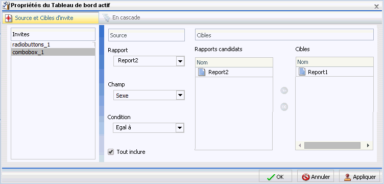 Fenêtre de dialogue Propriétés de Tableau de bord actif avec Champ Sexe sélectionné