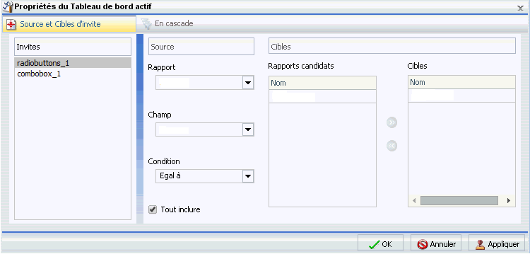 Fenêtre de dialogue Propriétés de Tableau de bord actif avec Invite Bouton Radio 1 en surbrillance