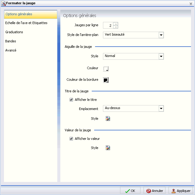 Fenêtre de dialogue Formater la jauge Onglet Options générales 