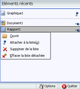 Menu contextuel Eléments récents