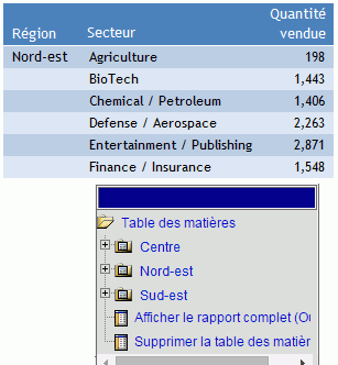 Table des matières rapport Valeurs de champ de tri