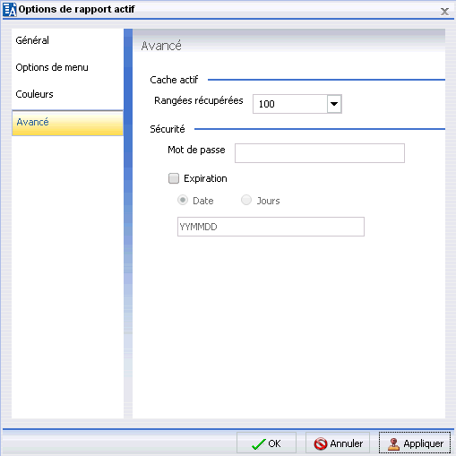 fenêtre de dialogue options de rapport actif