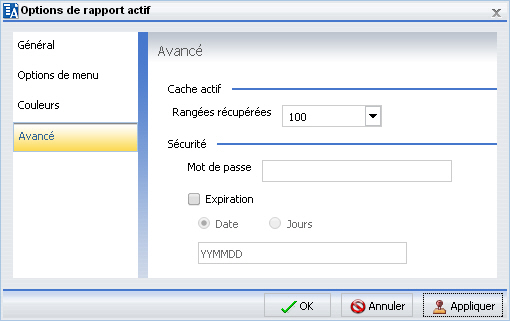 Fenêtre de dialogue options de rapport actif : onglet Avancé 