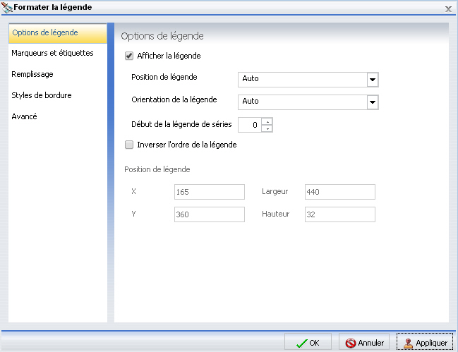 Fenêtre de dialogue Formater la légende Onglet Options de légende 