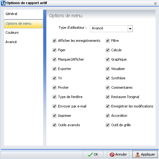 Fenêtre de dialogue Options de rapport actif : Onglet options de menu 