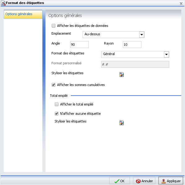 Mettre en forme les étiquettes Onglet Options générales pour graphiques empilés