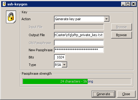 Fenêtre de dialogue utilitaire SFTP keygen (renseignée)