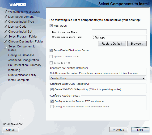 Fenêtre de dialogue Sélectionner les composants à installer