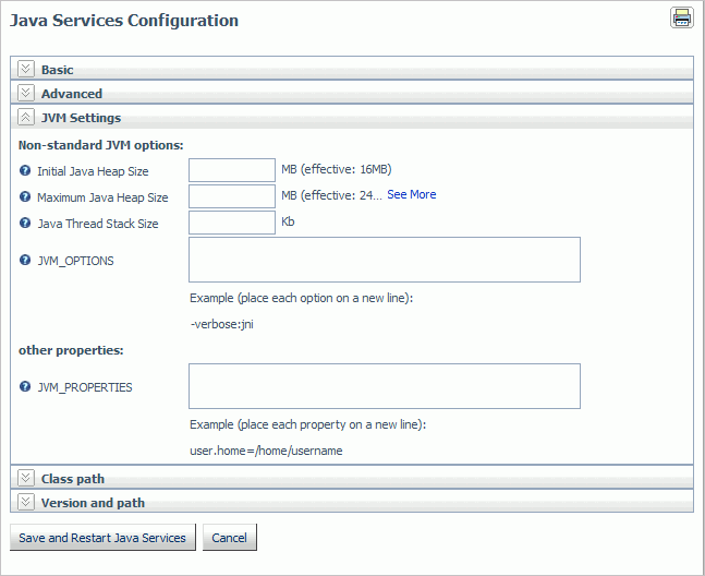 Configuration services Java - options JVM non-standard