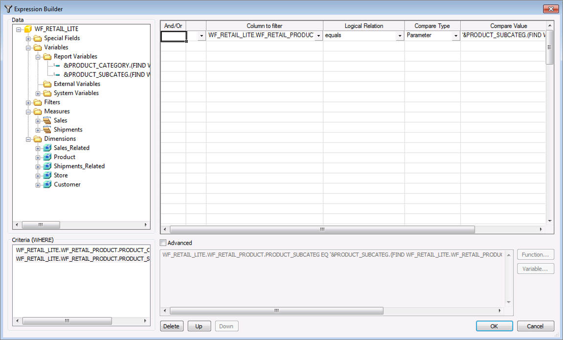 Finestra di dialogo Expression Builder
