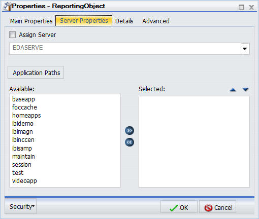 Scheda Proprietà server delle proprietà Oggetti di Reporting
