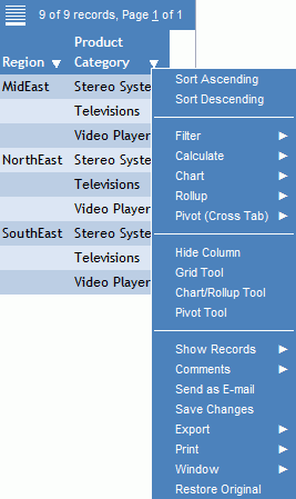 Active Report con le opzioni di menu attivo