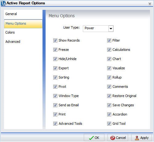 Scheda Opzioni Menu della finestra di dialogo Opzioni Active Report