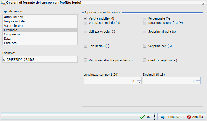 Finestra di dialogo Opzioni di formattazione dei campi