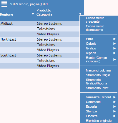 Active Report con le opzioni di menu attivo