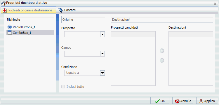 La finestra di dialogo Proprietà dashboard attivo con casella di combinazione 1 viene evidenziata.