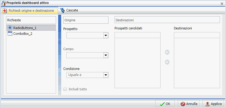 La finestra di dialogo Proprietà dashboard attivo con richiesta pallino 1 viene evidenziata