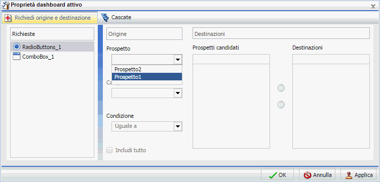 La finestra di dialogo Proprietà dashboard attivo con prospetto viene selezionata.