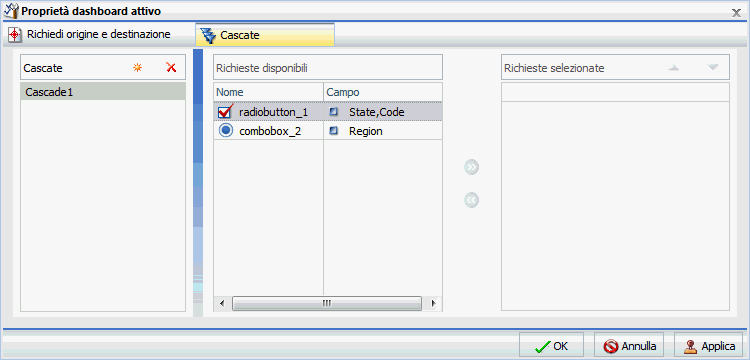 Finestra di dialogo Proprietà dashboard attivo con campo Regione legato con pallino e campo Codice Stato a sua volta legato con casella di spunta