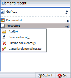 Menu contestuale Elementi recenti