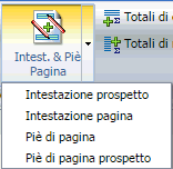 Menu di opzioni Intestazione e piè di pagina