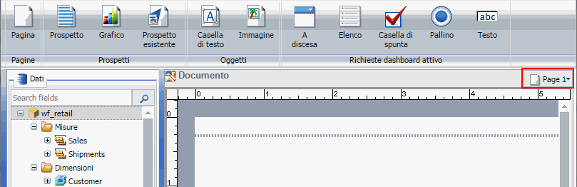 Pagina 1 nell'area di disegno della barra del titolo per dashboard attivo