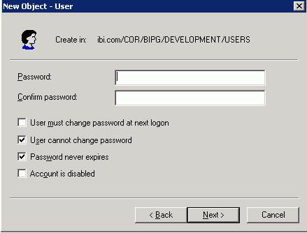 Conferma della password della finestra di dialogo Nuovo Oggetto - Utente.