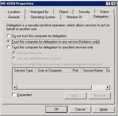 La finestra di dialogo di posizione WebFOCUS Client - Si affida a questo computer per la delega a qualsiasi servizio