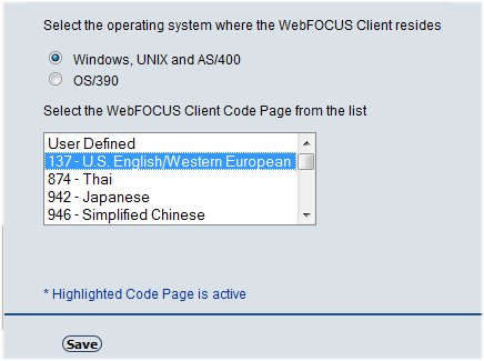Finestra di dialogo Impostazioni code page NLS
