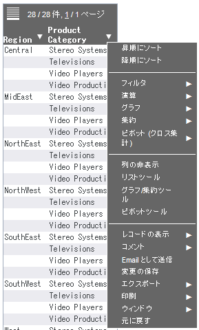 メニューオプションが表示された Active Report