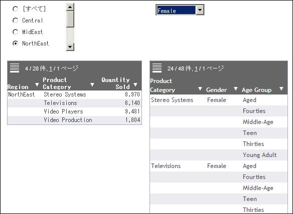 2 つの異なるフィールドでフィルタされた 2 つのレポート