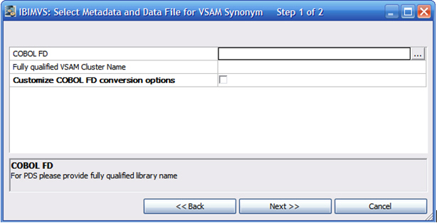 Select metadata for VSAM Synonym window