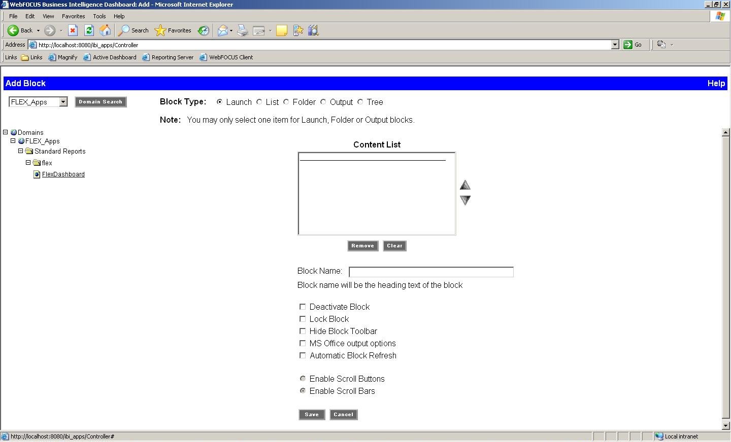 Content block in WebFOCUS Enable application